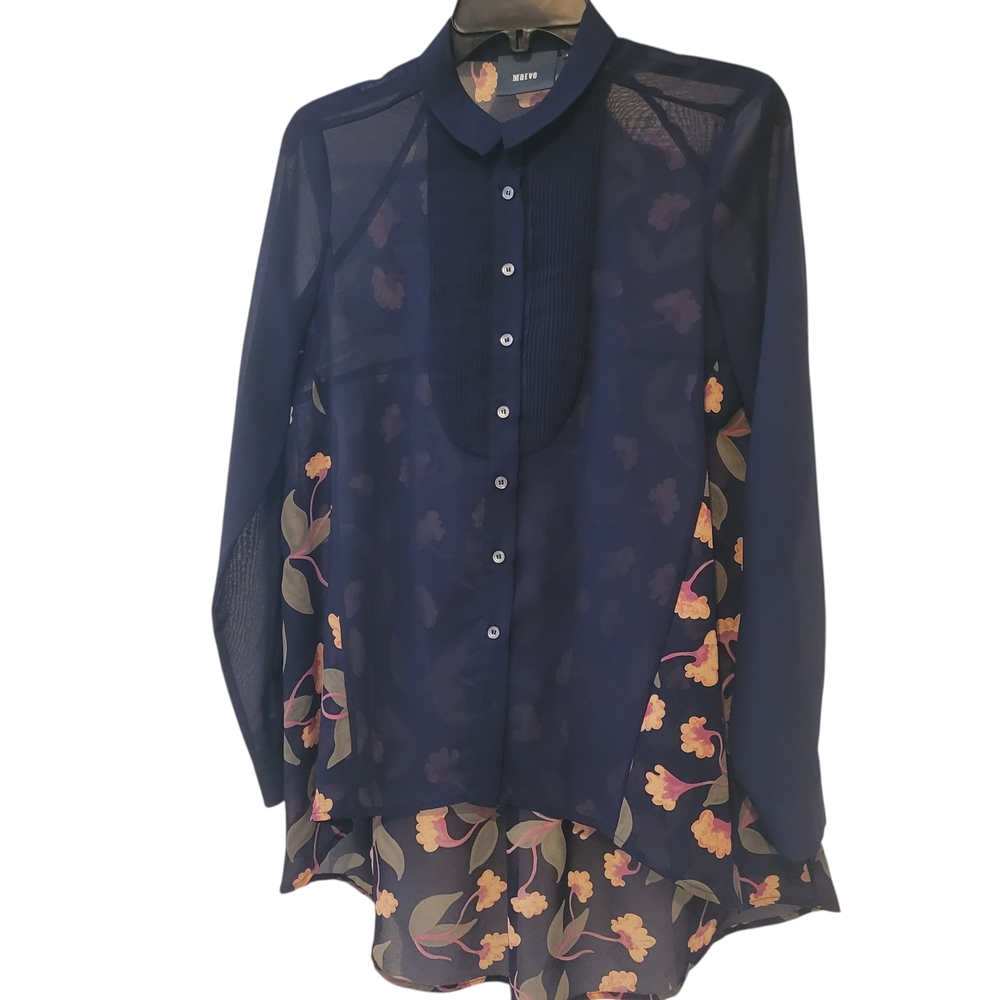 Maeve Dark Blue Blouse with Floral Design